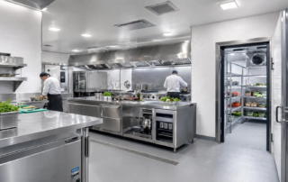 Modern catering kitchen with cold room, stainless steel worktops and textured GRP hygiene walls