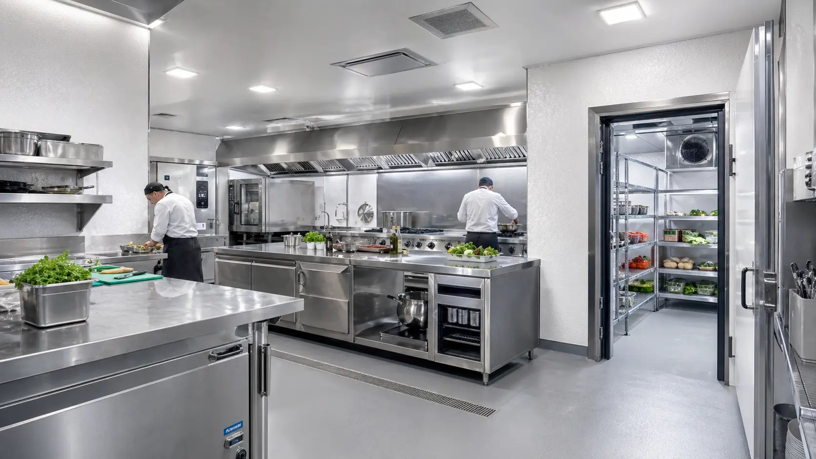 Modern catering kitchen with cold room, stainless steel worktops and textured GRP hygiene walls